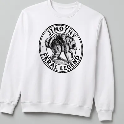 Vintage illustration of a raccoon with the text JIMOTHY FERAL LEGEND in black and white — printed on a unisex sweatshirt