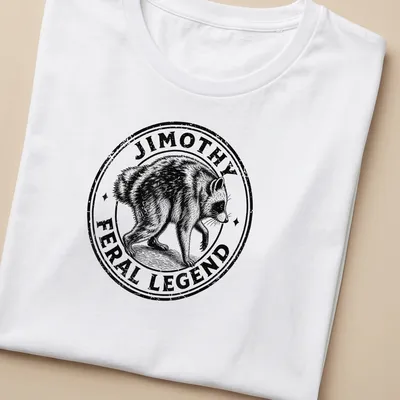 Vintage illustration of a raccoon with the text JIMOTHY FERAL LEGEND in black and white — printed on a women's shirt