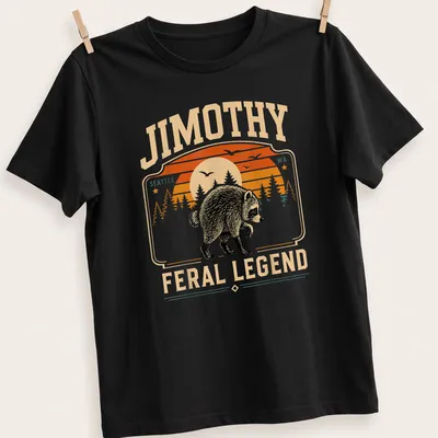 Retro style Jimothy shirt featuring a playful raccoon in vibrant colors.