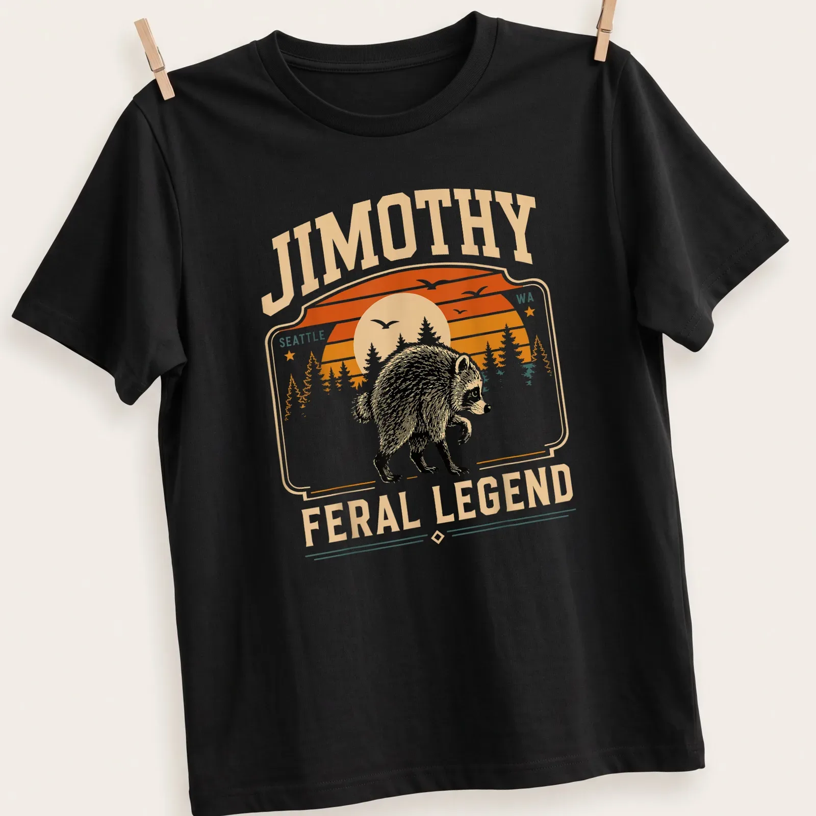 Retro style Jimothy shirt featuring a playful raccoon in vibrant colors. — printed on a unisex t-shirt