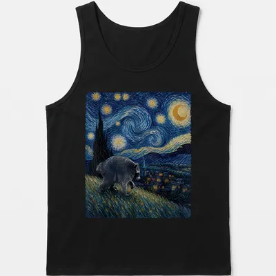 Impressionist print of a raccoon against a starry night inspired by Van Gogh — printed on a tank top
