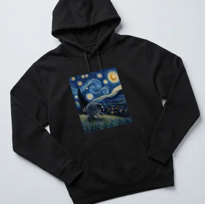 Impressionist print of a raccoon against a starry night inspired by Van Gogh — printed on a unisex hoodie