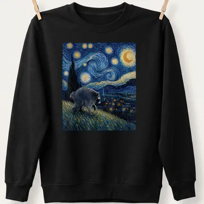 Impressionist print of a raccoon against a starry night inspired by Van Gogh — printed on a unisex sweatshirt