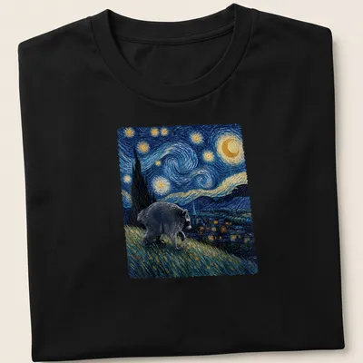 Impressionist print of a raccoon against a starry night inspired by Van Gogh