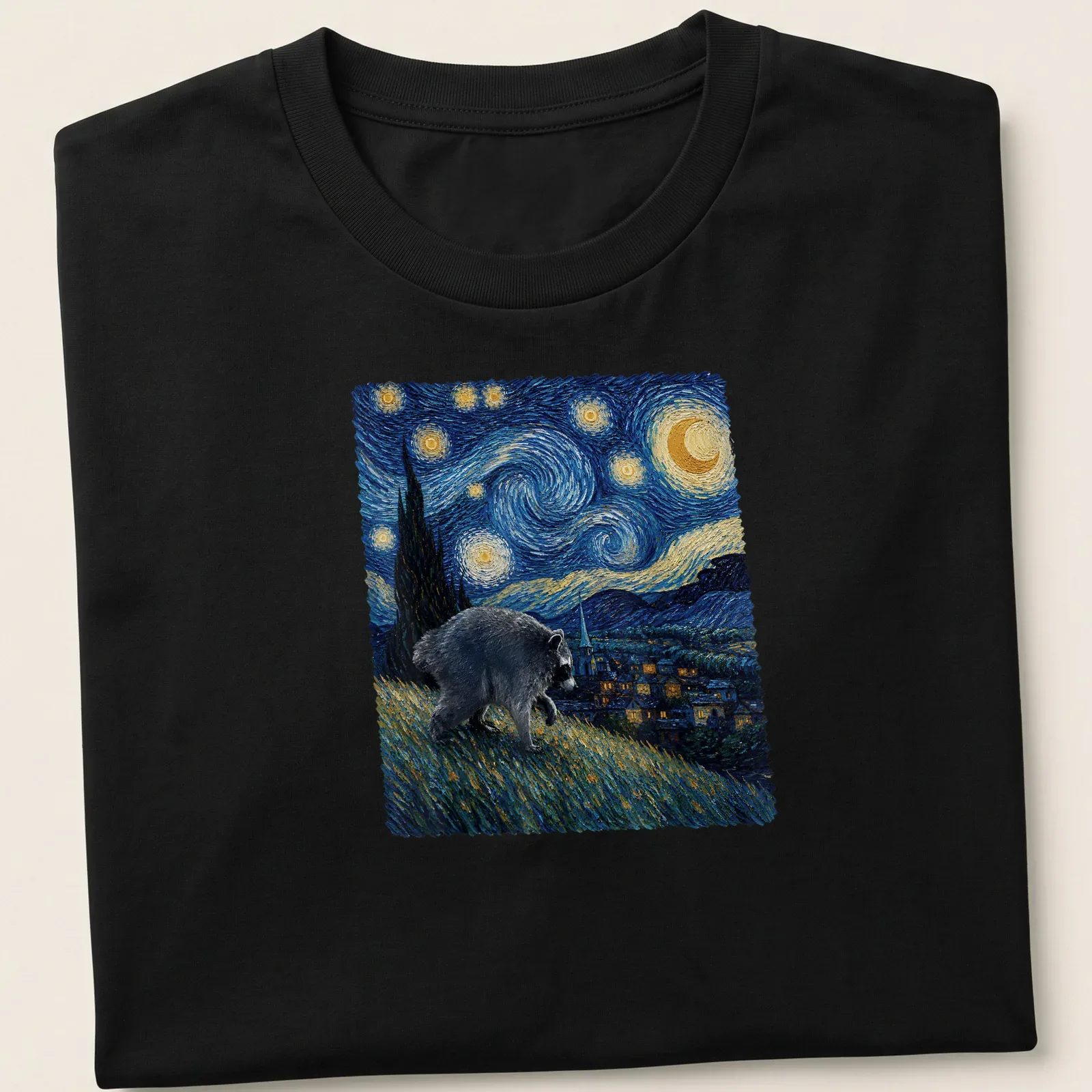 Impressionist print of a raccoon against a starry night inspired by Van Gogh — printed on a unisex t-shirt