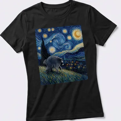 Impressionist print of a raccoon against a starry night inspired by Van Gogh — printed on a women's shirt