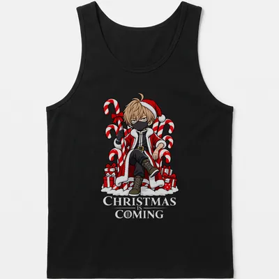 Anime character in Santa outfit sitting on a candy cane throne, in kawaii style — printed on a tank top