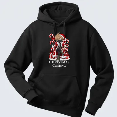 Anime character in Santa outfit sitting on a candy cane throne, in kawaii style — printed on a unisex hoodie