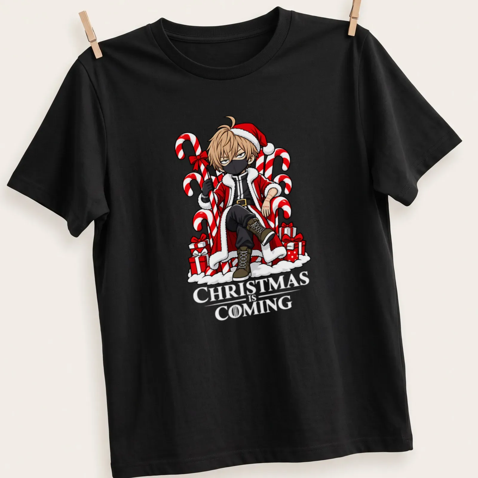 Anime character in Santa outfit sitting on a candy cane throne, in kawaii style — printed on a unisex t-shirt