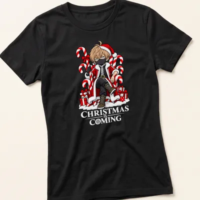 Anime character in Santa outfit sitting on a candy cane throne, in kawaii style — printed on a women's shirt