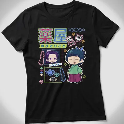 Colorful kawaii Chibi characters from anime on a — printed on a women's shirt