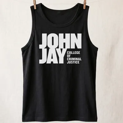 Bold typography t-shirt featuring John Jay College of Criminal Justice — printed on a tank top