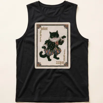 Vintage playing card style cat joker t-shirt with bold text and colorful design — printed on a tank top