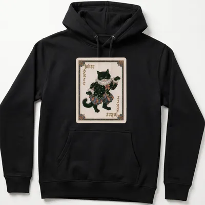 Vintage playing card style cat joker t-shirt with bold text and colorful design — printed on a unisex hoodie
