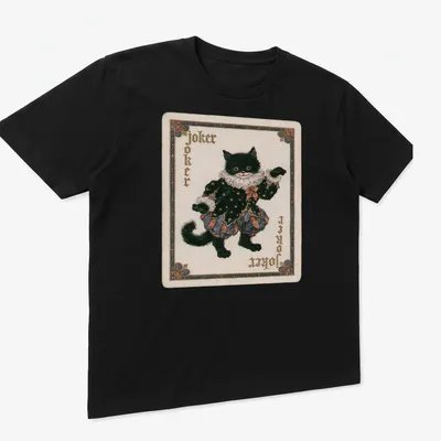 Vintage playing card style cat joker t-shirt with bold text and colorful design — printed on a unisex t-shirt (angled view)