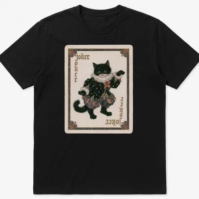 Vintage playing card style cat joker t-shirt with bold text and colorful design