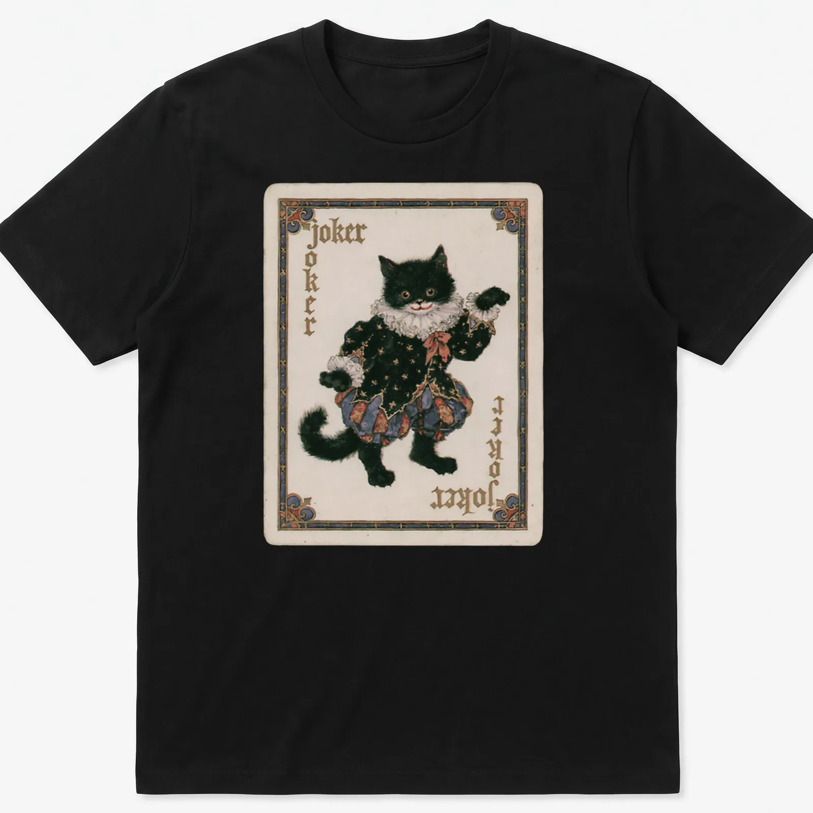 Vintage playing card style cat joker t-shirt with bold text and colorful design — printed on a unisex t-shirt