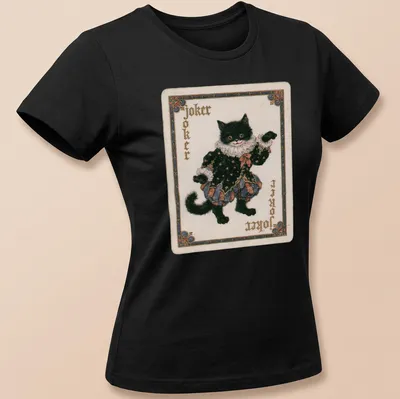 Vintage playing card style cat joker t-shirt with bold text and colorful design — printed on a women's shirt