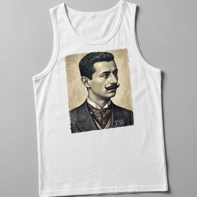 Vintage portrait t-shirt featuring a detailed illustration of a man with monogram J.D. — printed on a tank top