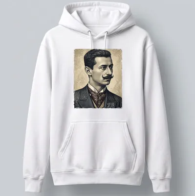 Vintage portrait t-shirt featuring a detailed illustration of a man with monogram J.D. — printed on a unisex hoodie
