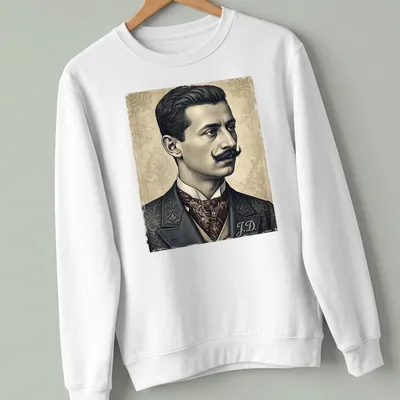 Vintage portrait t-shirt featuring a detailed illustration of a man with monogram J.D. — printed on a unisex sweatshirt