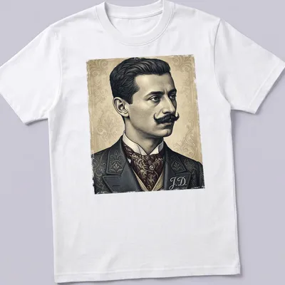 Vintage portrait t-shirt featuring a detailed illustration of a man with monogram J.D.