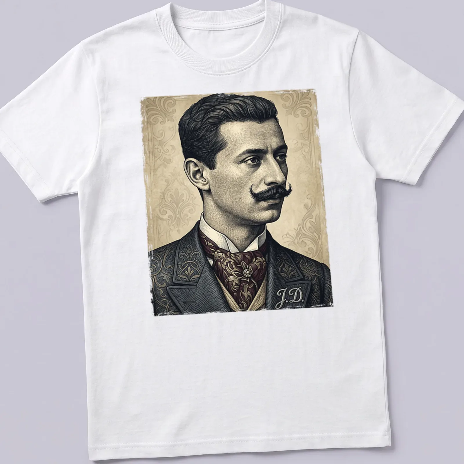 Vintage portrait t-shirt featuring a detailed illustration of a man with monogram J.D. — printed on a unisex t-shirt
