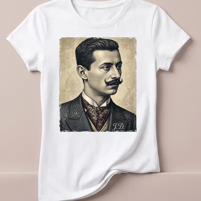 Vintage portrait t-shirt featuring a detailed illustration of a man with monogram J.D. — printed on a women's shirt