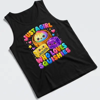 Kawaii style t-shirt featuring colorful squishy food items and text about love for squishies — printed on a tank top