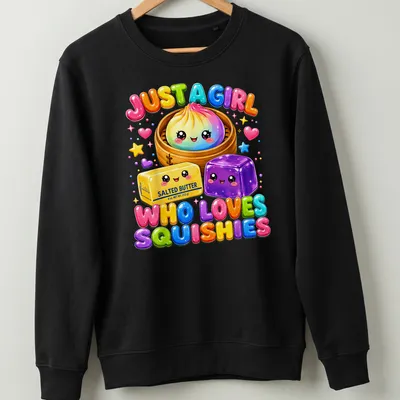 Kawaii style t-shirt featuring colorful squishy food items and text about love for squishies — printed on a unisex sweatshirt