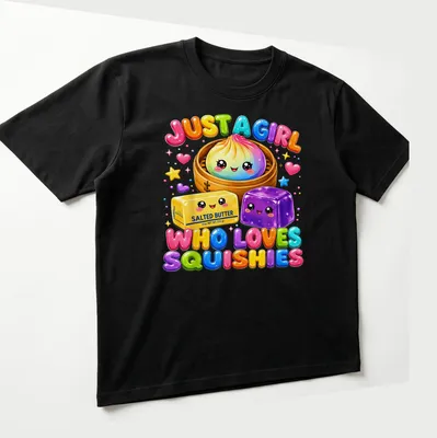 Kawaii style t-shirt featuring colorful squishy food items and text about love for squishies — printed on a unisex t-shirt (angled view)