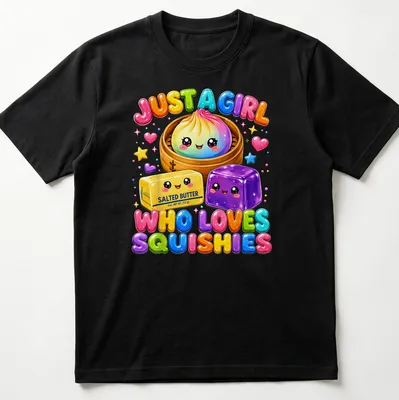 Kawaii style t-shirt featuring colorful squishy food items and text about love for squishies