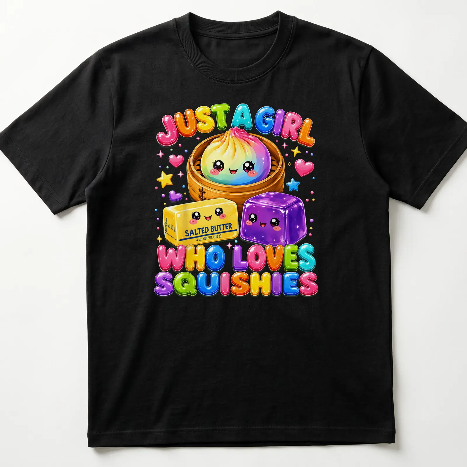 Kawaii style t-shirt featuring colorful squishy food items and text about love for squishies — printed on a unisex t-shirt