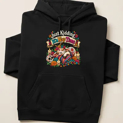 Mexican folk art style nap time shirt featuring a sleeping goat and marigold flowers. — printed on a unisex hoodie