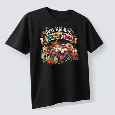 Mexican folk art style nap time shirt featuring a sleeping goat and marigold flowers. — printed on a unisex t-shirt (angled view)