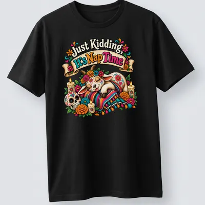 Mexican folk art style nap time shirt featuring a sleeping goat and marigold flowers.