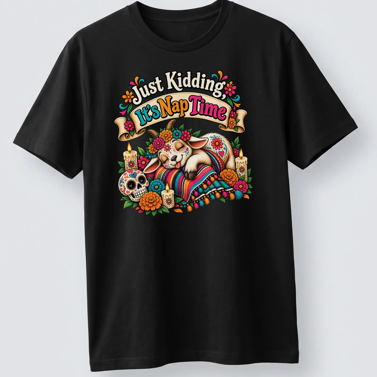 Mexican folk art style nap time shirt featuring a sleeping goat and marigold flowers. — printed on a unisex t-shirt