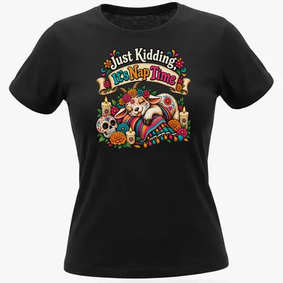 Mexican folk art style nap time shirt featuring a sleeping goat and marigold flowers. — printed on a women's shirt