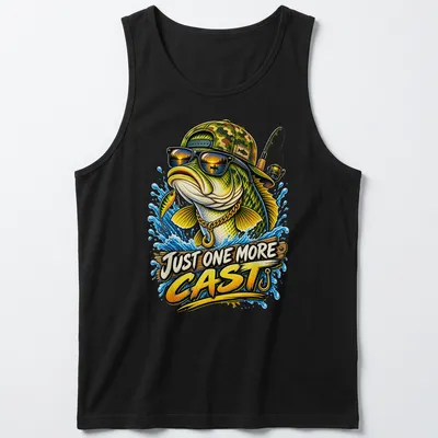 Colorful illustration of a bass fish wearing sunglasses and a cap with text Just One More Cast — printed on a tank top