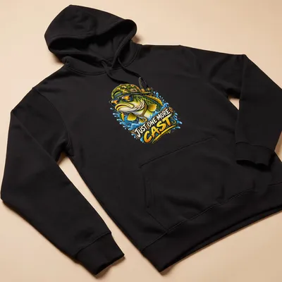 Colorful illustration of a bass fish wearing sunglasses and a cap with text Just One More Cast — printed on a unisex hoodie