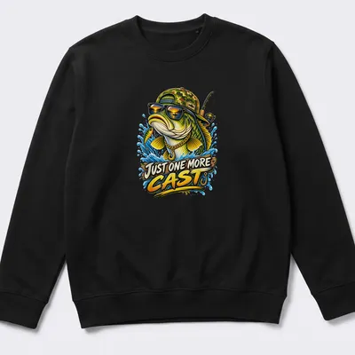 Colorful illustration of a bass fish wearing sunglasses and a cap with text Just One More Cast — printed on a unisex sweatshirt
