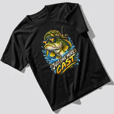Colorful illustration of a bass fish wearing sunglasses and a cap with text Just One More Cast