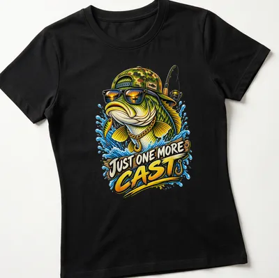 Colorful illustration of a bass fish wearing sunglasses and a cap with text Just One More Cast — printed on a women's shirt