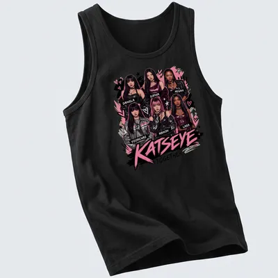 Digital illustration T-shirt featuring KATSEYE girl group members' names in vibrant colors. — printed on a tank top