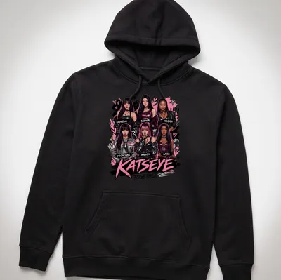 Digital illustration T-shirt featuring KATSEYE girl group members' names in vibrant colors. — printed on a unisex hoodie