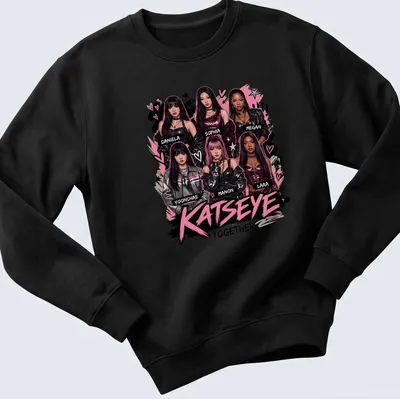 Digital illustration T-shirt featuring KATSEYE girl group members' names in vibrant colors. — printed on a unisex sweatshirt