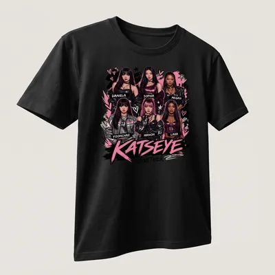 Digital illustration T-shirt featuring KATSEYE girl group members' names in vibrant colors. — printed on a unisex t-shirt (angled view)