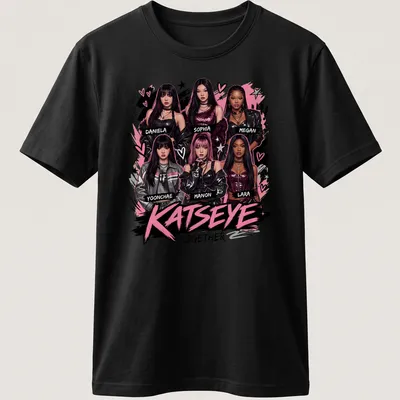 Digital illustration T-shirt featuring KATSEYE girl group members' names in vibrant colors.