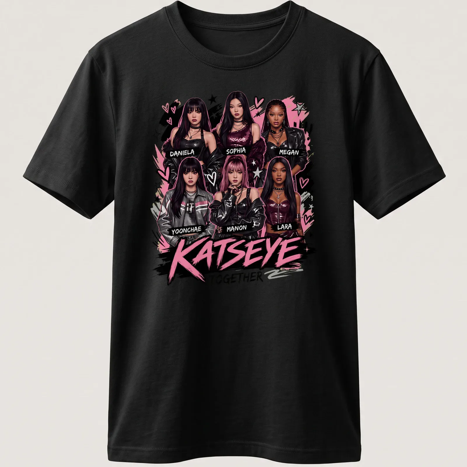 Digital illustration T-shirt featuring KATSEYE girl group members' names in vibrant colors. — printed on a unisex t-shirt