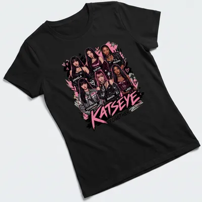Digital illustration T-shirt featuring KATSEYE girl group members' names in vibrant colors. — printed on a women's shirt
